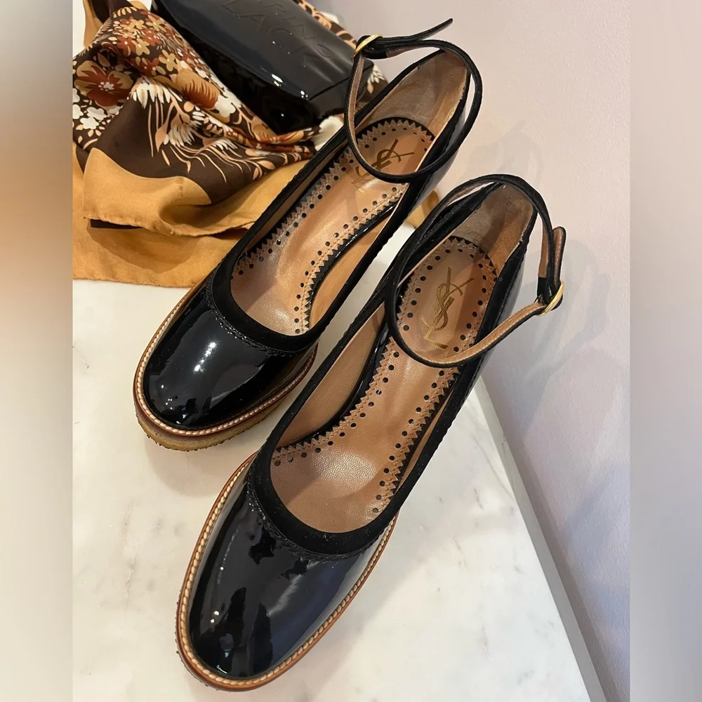 Women’s YVES SAINT LAURENT WEDGE  BLACK PATENT Mules - Picture 2 of 15